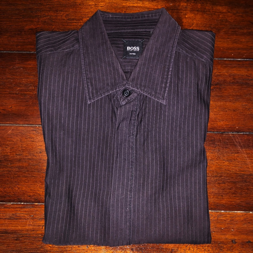 BOSS HUGO BOSS Black & Grey Pin Striped Dress Shirt / LATE 90s